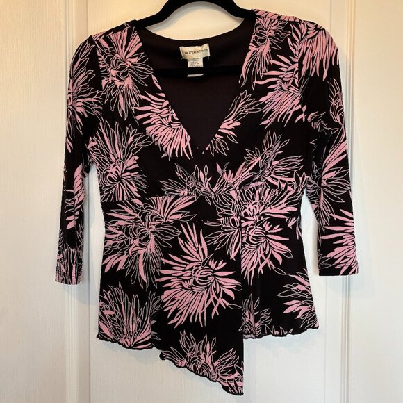 Laura Petites Asymmetrical Y2K Floral Top Black Pink V-Neck - Picture 1 of 10